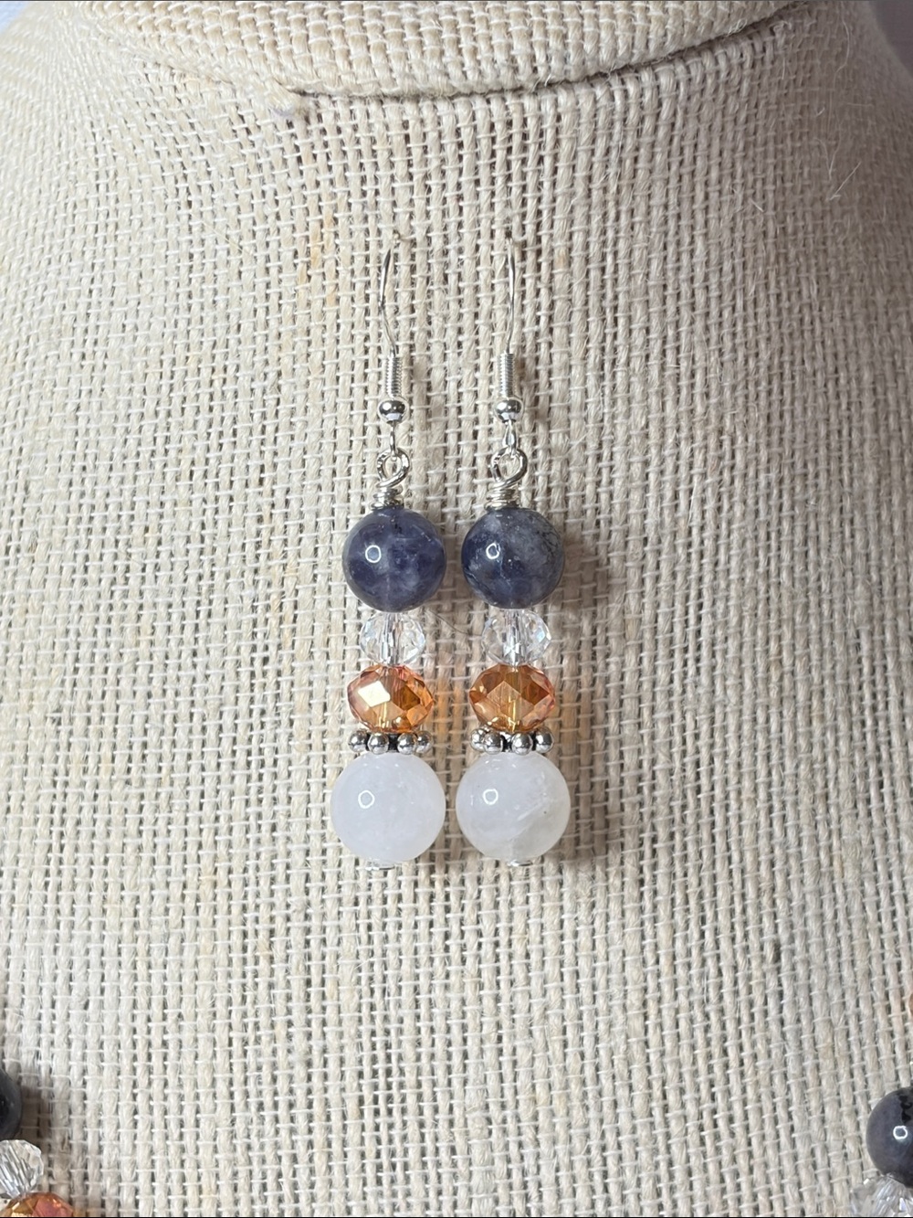 Handcrafted Iolite and White Jade Necklace and Earring Set w/Agate Pendant - Picture 2 of 7